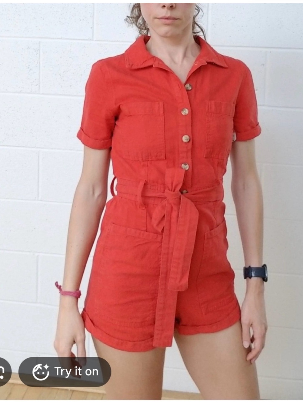 Urban Outfitters Carmen Red Short-Sleeve Utility Romper Euc small